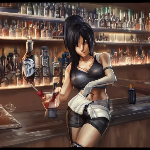 Image similar to high quality concept art of tifa lockhart working in her bar, detailed, trending on artstation