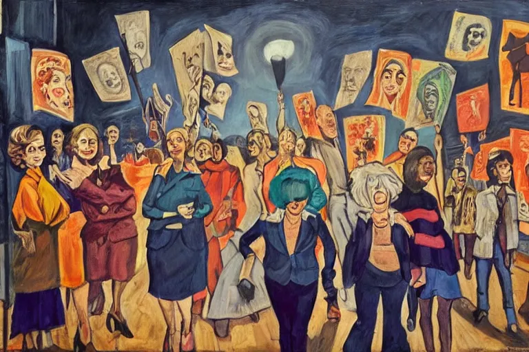 Image similar to feminist revolution, lisbon city at night, art in the style of paula rego