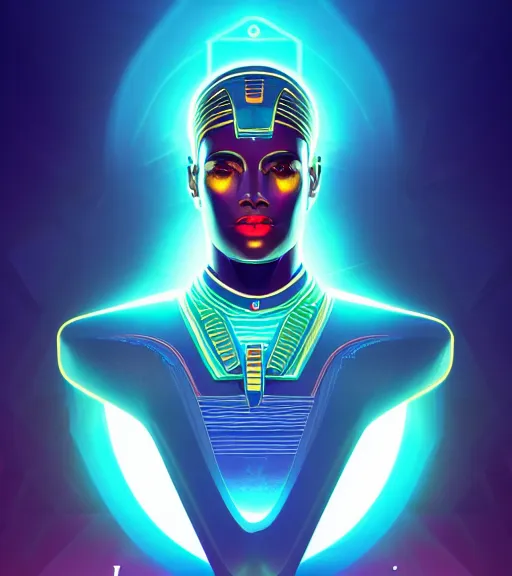 Image similar to symmetry!! egyptian god of technology, solid cube of light, hard edges, product render retro - futuristic poster scifi, lasers and neon circuits, brown skin handsome egyptian god, intricate, elegant, highly detailed, digital painting, artstation, concept art, smooth, sharp focus, illustration, dreamlike, art by artgerm