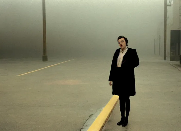 Image similar to cinematic portrait of olivia coleman standing outside in a foggy desolate eerie department store empty parking lot, one car, paranoia everywhere, scene from the tense thriller film directed by stanley kubrick, detailed portrait photo, volumetric hazy lighting, anamorphic lens, moody cinematography, 3 5 mm kodak color ektochrome