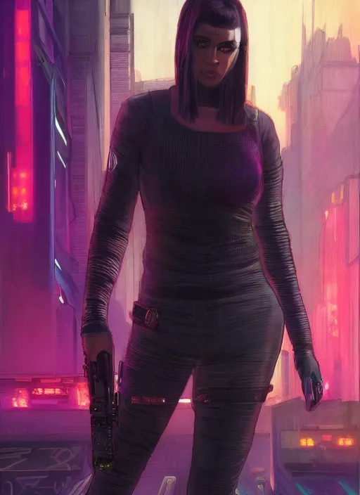 Prompt: Modern Aretha Franklin. Powerful Cyberpunk assassin in tactical gear. blade runner 2049 concept painting. Epic painting by James Gurney, Azamat Khairov, and Alphonso Mucha. ArtstationHQ. painting with Vivid color. (rb6s, Cyberpunk 2077)