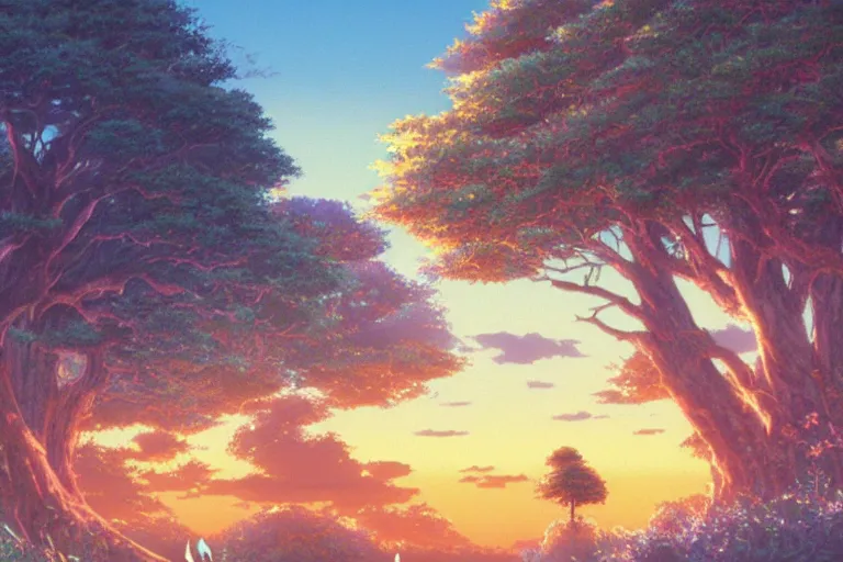 Image similar to anime key frame art of princess mononoke landscape, golden hour, studio ghibli, princess mononoke (1997)