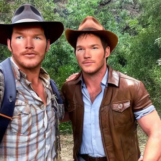 Image similar to chris pratt as indiana jones together with harrison ford, instagram, cinematic, natural lighting, genuine smile