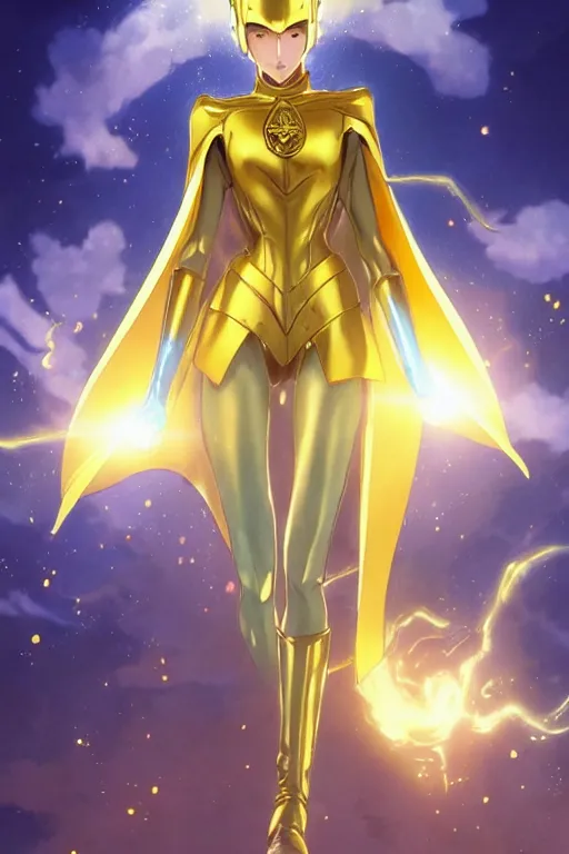 Image similar to anime key visual of a beautiful young female doctor fate!! intricate, gold and blue suit, cape, glowing, powers, dc comics, cinematic, stunning, highly detailed, digital painting, artstation, smooth, hard focus, illustration, art by artgerm and greg rutkowski and alphonse mucha