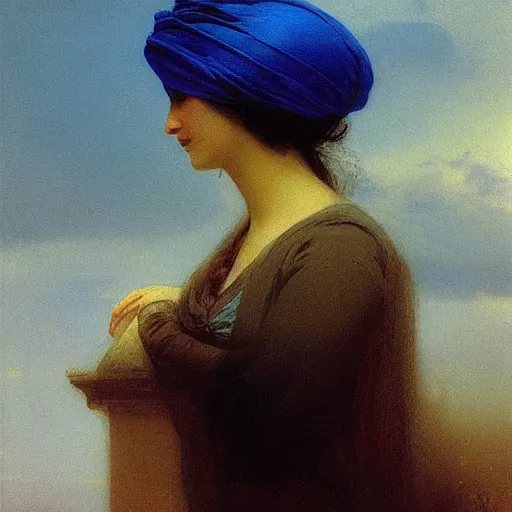 Image similar to a woman’s face, her eyes are covered with a blue satin blindfold, by ivan aivazovsky and alma tadema and and willen claesz heda