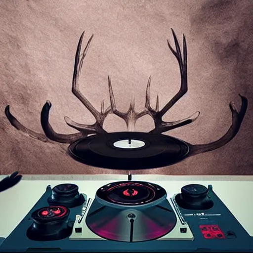 Image similar to “a deer dj playing on turntables, hyperexpressive beatiful matte painting, dynamic scene”