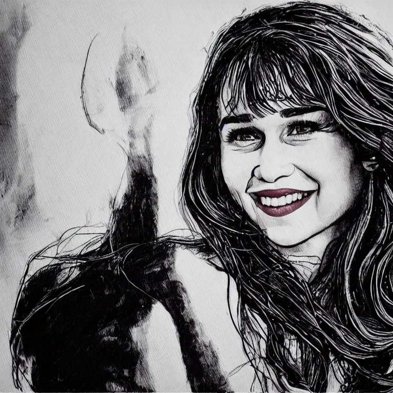 Image similar to an amaze - art painting of emilia clarke using single line, amaze art, smiling face