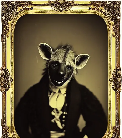 Image similar to professional studio photo portrait of anthro anthropomorphic spotted hyena head animal person fursona smug smiling wearing elaborate pompous royal king robes clothes gold frame by Louis Daguerre daguerreotype tintype