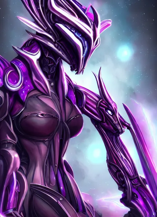 Image similar to cinematic full body, cosmic sized beautiful stunning giant robot mechan hot female dragon goddess, sharp sleek cyborg dragon head, sharp metal ears, smooth purple eyes, smooth fuschia skin, smooth silver armor, nebula, epic proportions, epic scale, macro furry, furry art, dragon art, goddess art, giantess art, warframe, warframe fanart, furaffinity, octane