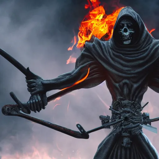 Image similar to a black hooded faceless monster in hells graveyard, holding a scythe, reaper, amazing fire art, ray tracing, realistic fire sharp focus, long shot, 8 k resolution, cinematic