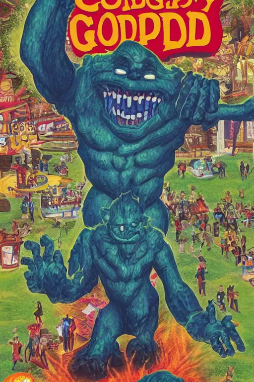 Image similar to Goosebumps book cover art of a giant creepy cartoonish monster at a theme park