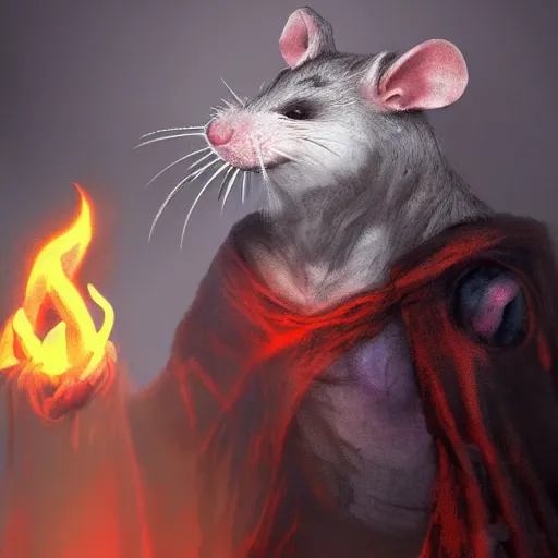 Image similar to photo of a ghostly rat with glowing red eyes, wearing tattered black burlap robes, floating in mist, clutching a blue flame in each hand, anthropomorphic rat, dark sorcerer, dark sorcery, black magick shaman, skaven, master splinter, nicodemus, photorealistic, artstation