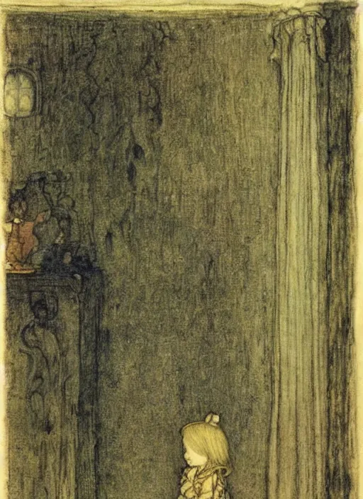 Prompt: little girl in a room by john bauer, arthur rackham