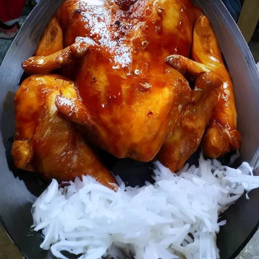 Prompt: photo of a very large giant dong tao chicken