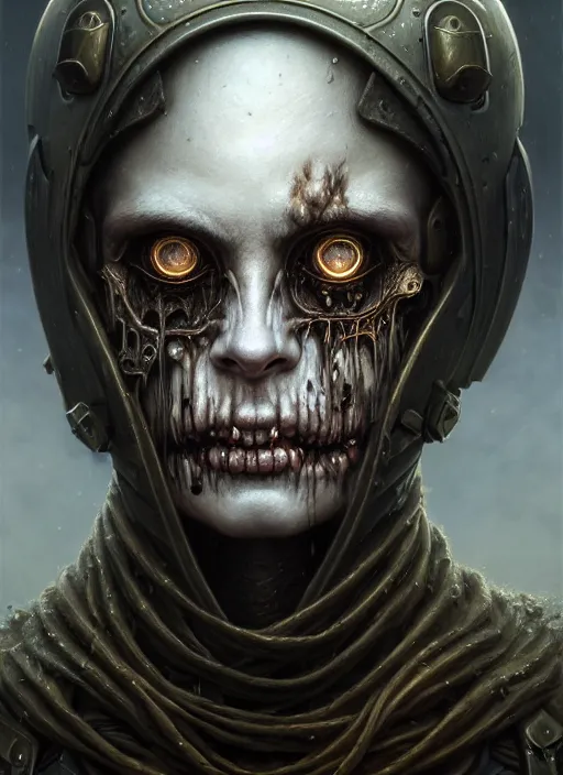 Prompt: closeup portrait shot of a undead soldier in a scenic dystopian environment, intricate, elegant, highly detailed, centered, digital painting, artstation, concept art, smooth, sharp focus, illustration, artgerm, tomasz alen kopera, peter mohrbacher, donato giancola, joseph christian leyendecker, wlop, boris vallejo