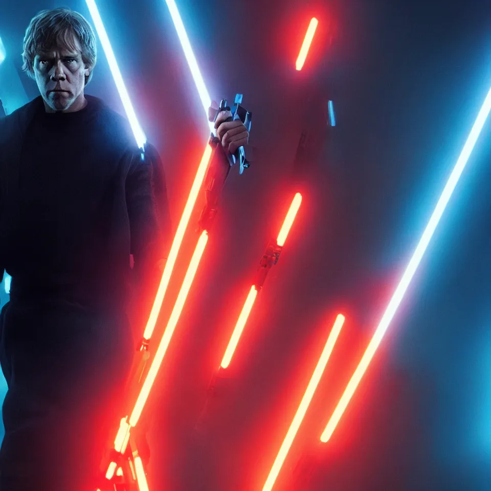 Prompt: Harrowing Luke Skywalker wearing cyborg gadgets in the style of Blade Runner 2049 (2017), without any lightsaber. Clear Hands. Clear body. Black Clothes. Rivendel Background. Cinematic. Professional Photo. UHD. 8k. Clear Face.