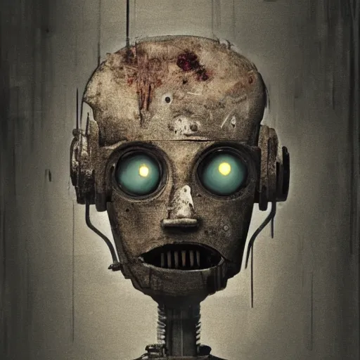 Image similar to photo of an old dirty robot looking at the camera and smiling with a creepy face in a basement by Greg Rutkowski, dark, creepy, horror, disgusting, dust, brown scheme color, uncanny valley