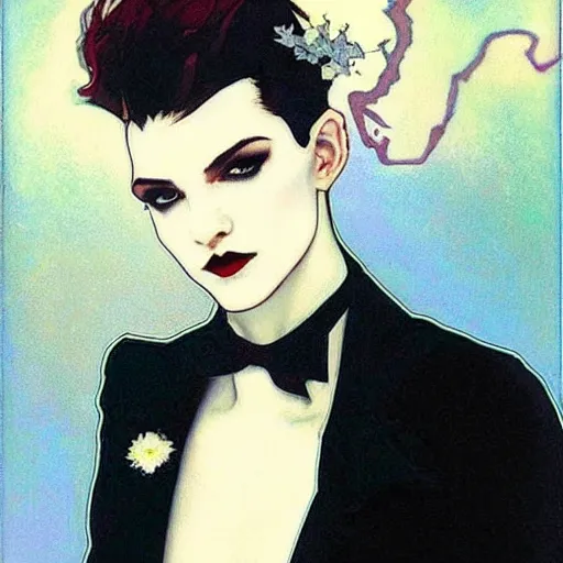 Image similar to fetching portrait of androgynous ruby rose as desire from sandman in a white tuxedo!!!, rockabilly style,, by alphonse mucha, by jeremy mann, by peter lindbergh, dave mckean, by frank moth, white suit and black tie, soft lightning, high detailed, 8 k