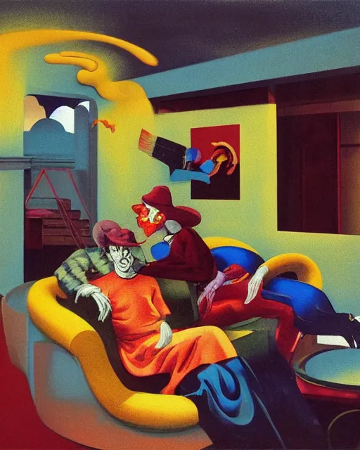 Image similar to old dead couple sitting on a couch and a person inside a large aquarium with clouds at red and yellow art deco interior room in the style of Francis Bacon and Syd Mead, open ceiling, highly detailed, painted by Francis Bacon and Edward Hopper, painted by James Gilleard, surrealism, airbrush, very coherent, triadic color scheme, art by Takato Yamamoto and James Jean