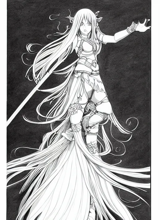 Image similar to hyper - realistic line art pencil drawing of a fantasy warrior anime woman withwith long hair twirling, very exaggerated fisheye perspective, art by shinichi sakamoto