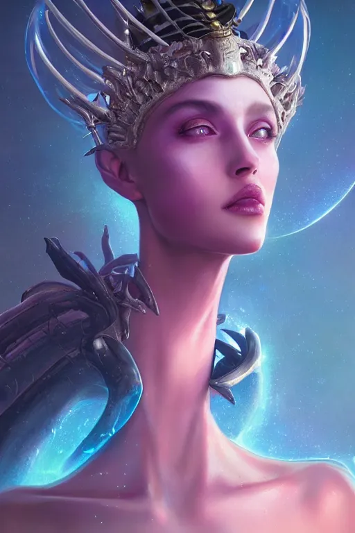 Prompt: digital portrait of an elegant alien queen, straight on, full body character concept art, concept art, by artgerm, tom bagshaw, gerald brom, vaporwave colors, lo fi colors, vaporwave, lo fi, 4 k, hd, rendered with substance designer, small details,