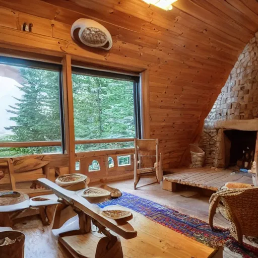 Image similar to photo of interior of cozy mushroom themed cottage