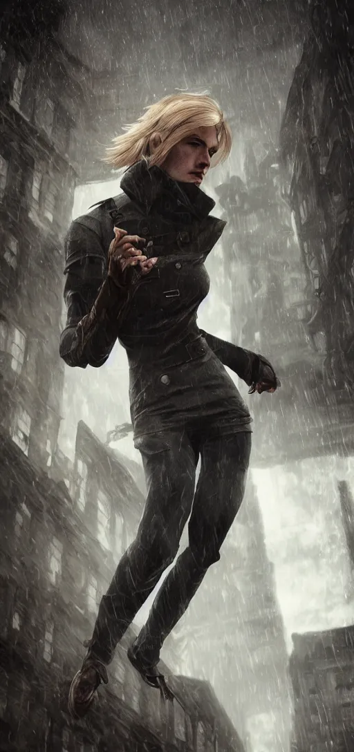 Image similar to annie leonhart in dunwall city, mid air shot, redshift render, beautiful face, detailed face, cinematic lighting, rainy weather, melancholy atmosphere, dunwall city, volumetric light, octane render, dishonored 1, gothic architecture, realistic reflections, octane render 8 k, action shot, wind trails