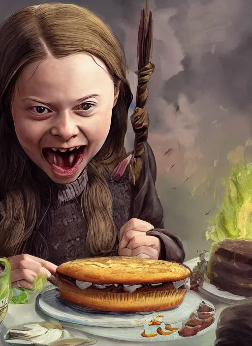 Image similar to greta thunberg as a medieval goblin eating cakes, detailed digital art, trending on Artstation