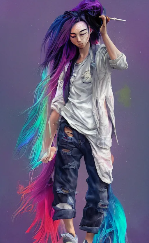 Image similar to a grungy woman with rainbow hair, drunk, holding bottle, soft eyes and narrow chin, dainty figure, long hair straight down, torn kawaii shirt and baggy jeans, basic white background, In style of by Jordan Grimmer and greg rutkowski, crisp lines and color,