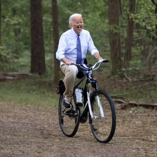 Image similar to joe biden wearing a tutu, riding a bike in the forest