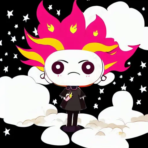 Image similar to kawaii wacky fluffy popcorn with lightning bolt power, yokai, in the style of a manga character, with a smiling face and flames for hair, sitting on a lotus flower, white background, simple, clean composition, symmetrical