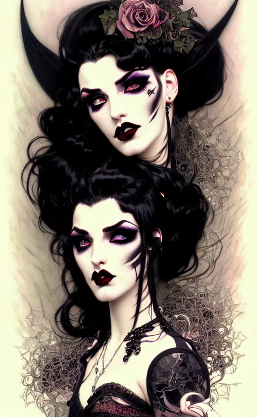 Prompt: with goth girl lips, eyes, jaw and long, thick shining black hair, thick eyebrows and long eyelashes, wearing in black clothes, beautiful eyes, burlesque psychobilly, rockabilly, punk, white background, drawing, illustration by fantasy art, in the style of greg rutkowski, intricate, alphonse mucha, hyper detailed, smooth