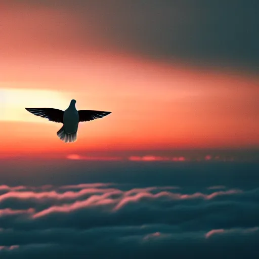 Prompt: Realistic shot of a glowing dove flying over the clouds at sunset, ethereal, vintage photograph, film grain, surreal, awe-inspiring, highly detailed