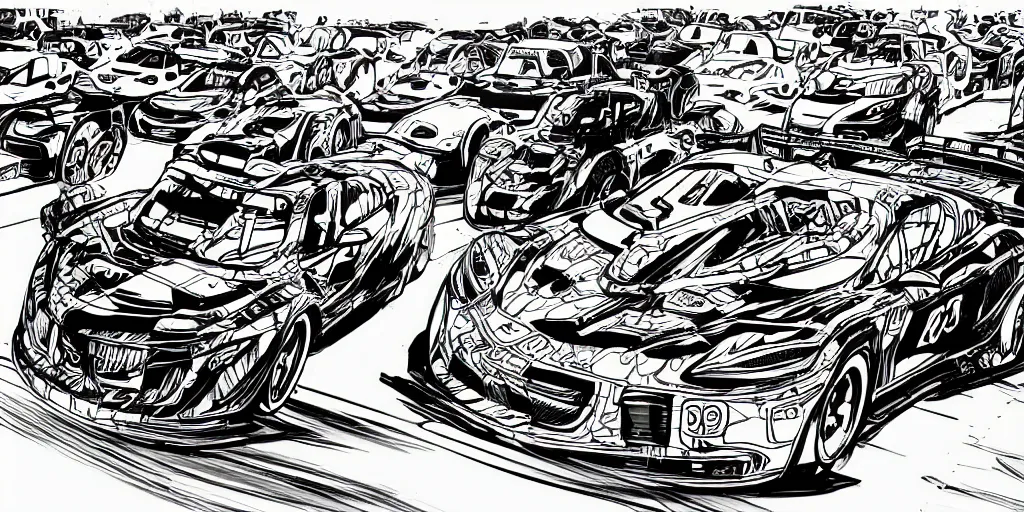 Prompt: ink lineart drawing of a car race, chinese brush pen illustration, cartoon style, anime, deep black tones, coloring book, contour