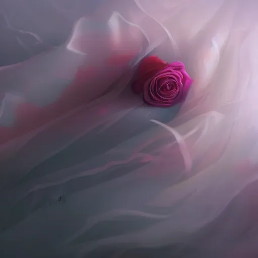 Prompt: a Rose lying on silk cloth, fog, volumetric lighting, intricate, elegant, highly detailed, digital painting, concept art, smooth, sharp focus, illustration, trending on artstation