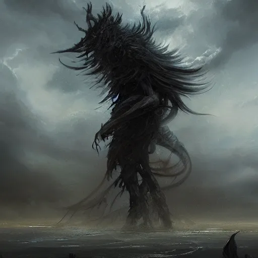 Image similar to concept art, of a horrid creature made of dark clouds, thunderstom, rain, medieval, dark concept art, dark skies painting by wlop, nixeu and greg rutkowski, beautiful, semirealism, artstation, octane render, oil painting, sharpness, 8 k, golden ratio