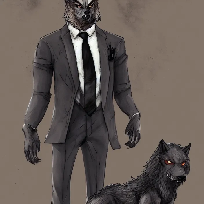 Prompt: a handsome werewolf boyfriend in a dapper suit, furry art, trending on artstation, by michaelangelo, 8 k