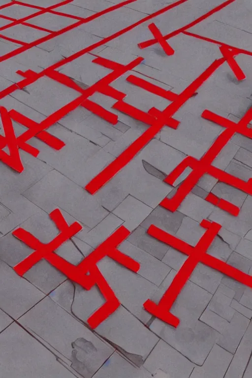 Image similar to Three giant red crosses in the center of a city from Neon Genesis Evangelion