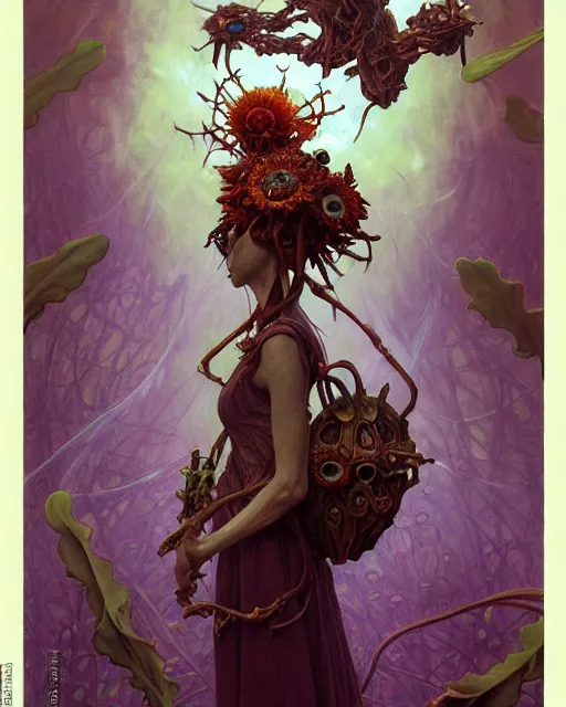 Image similar to the platonic ideal of flowers, rotting, insects and praying of cletus kasady carnage thanos davinci nazgul wild hunt chtulu mandelbulb ponyo botw bioshock, d & d, fantasy, ego death, decay, dmt, psilocybin, concept art by randy vargas and greg rutkowski and ruan jia and alphonse mucha