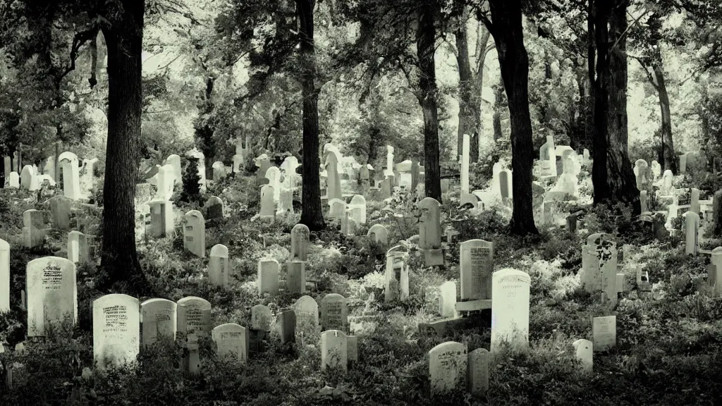 Prompt: A scene of a few tombstones in a forested cemetery from a Tim Burton and Wes Anderson movie, ghost double-exposure photography,