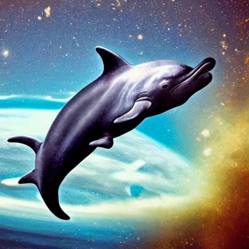 Image similar to mike tyson riding a dolphin through space photograph