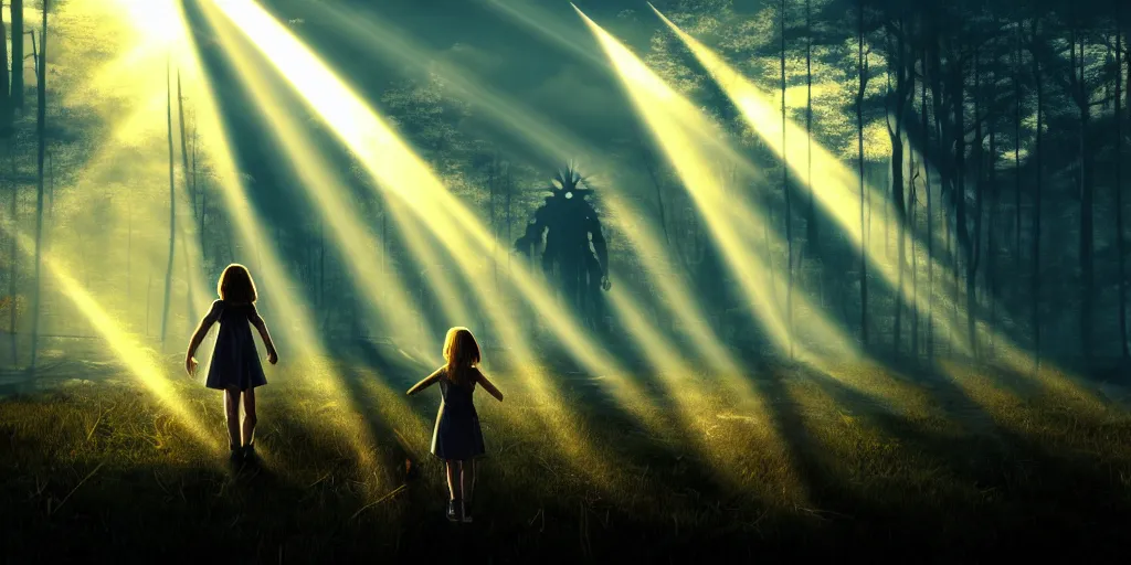 Image similar to sci - fi scene future new york, little girl holding the hand of a giant robot, forest punk, crepuscular rays, epic scene, hyper realistic, photo realistic, 8 k resolution, overgrowth, cinematic atmosphere, ethereal lighting,
