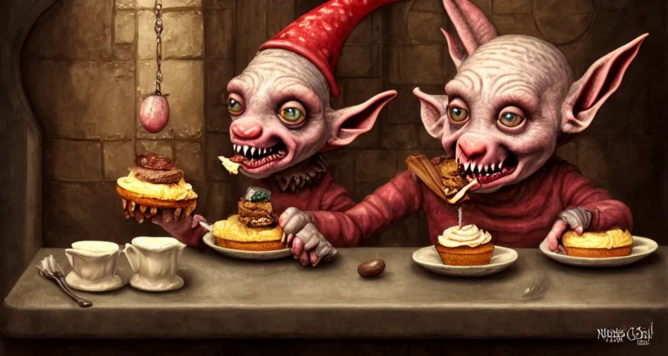 Prompt: closeup profile portrait of a medieval goblin eating cakes in the castle kitchen, nicoletta ceccoli, mark ryden, lostfish, max fleischer, hyper realistic, artstation, illustration, digital paint, matte paint, vivid colors, bright, cheerful, detailed and intricate environment