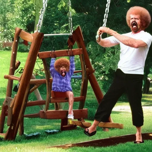 Image similar to angry bob ross screaming on the swingset