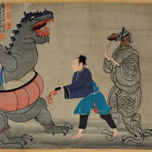 Prompt: ancient chinese watercolour of a man buying a hotdog from godzilla