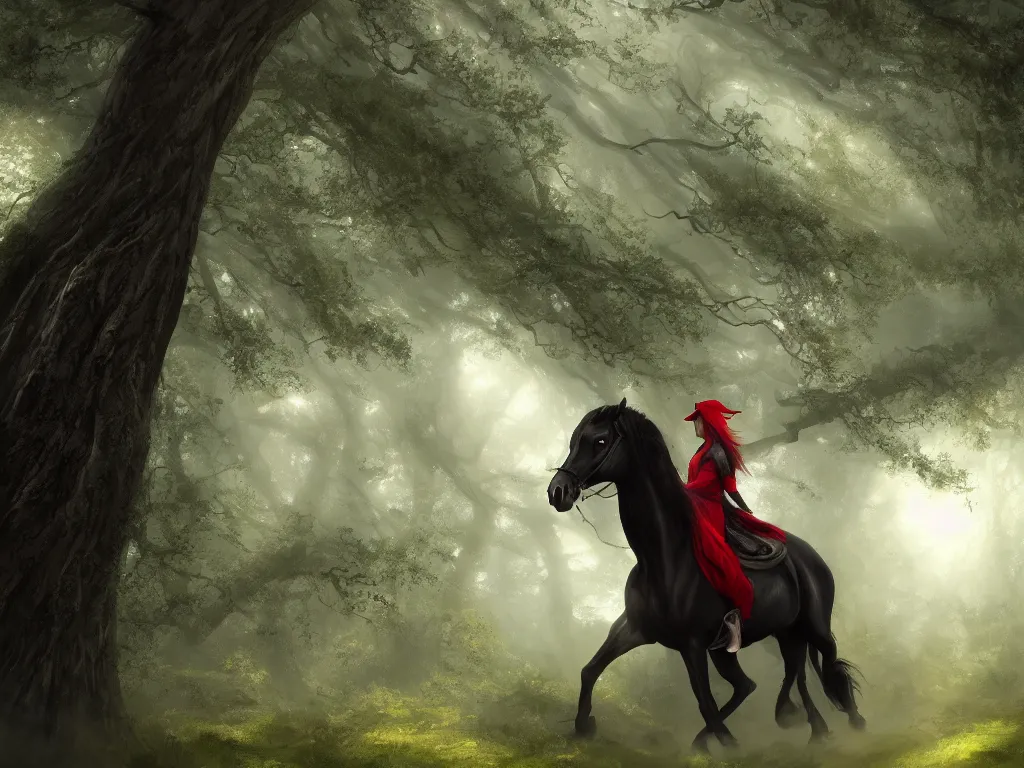 Prompt: a female beauty wearing a red cap rides through a dense green oak and beech forrest on a strong black horse, rays of life, cinematic, fantasy art, moody evening light, foggy, trending on artstation, by naoto hatori, by tyler jacobson