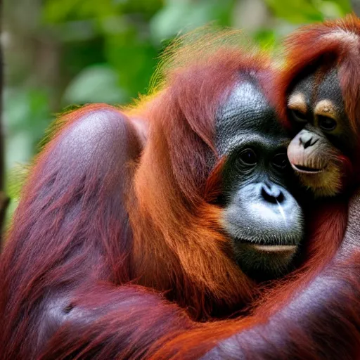 Image similar to an orangutan giving a hug to a racoon