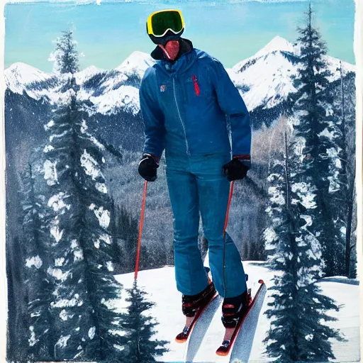 Image similar to Richard Bruce Cheney, skiing, Richard Bruce Cheney wearing acid-washed blue jeans, powder day, epic mountain background, painting