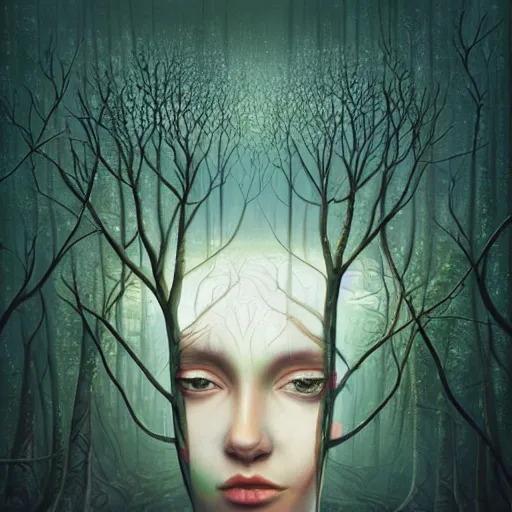 Image similar to a surreal painting of a woman's face surrounded by trees, cyberpunk art by gediminas pranckevicius, behance contest winner, psychedelic art, dystopian art, sci - fi, surrealist