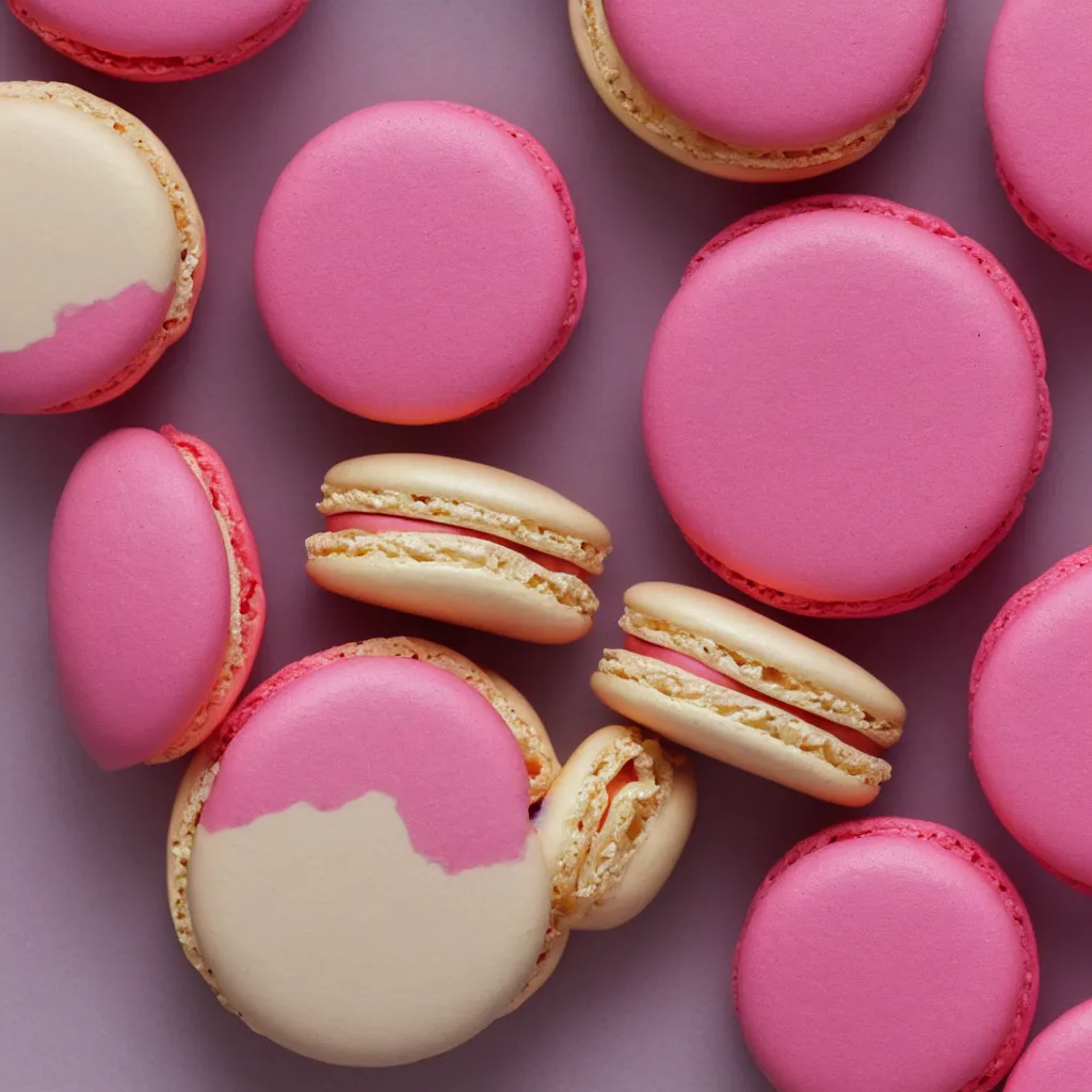 Image similar to top-down view of macarons on top of a pink surface, 8k, high detail, photorealistic, proper shading